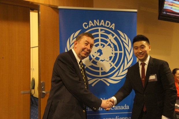 UNAC-Vancouver Vice-President George Somerwill at CAHSMUN opening with Deputy Secretary General Jotham Chow